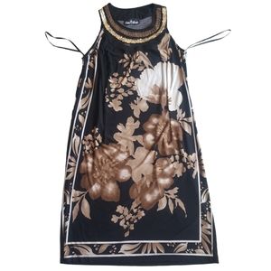 Vintage sepia floral midi dress sequined neck halter, M